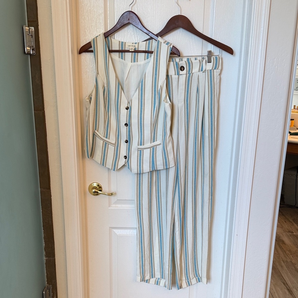 Faith and Joy Cream and Blue Striped Wide Leg Pants & Vest